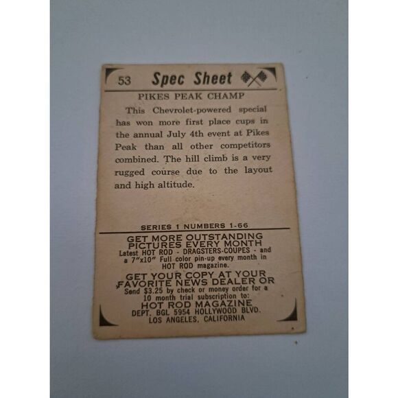 Vintage 1965 Hot Rod Magazine #53 Spec Sheet Trading Card Pikes Peak Champ - Picture 3 of 3
